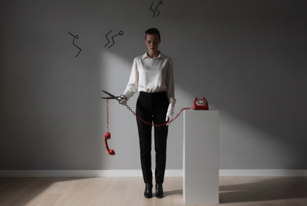 Donna in camicia bianca accanto a un telefono rosso con la cornetta staccata – Perchè tocca sempre a me?!