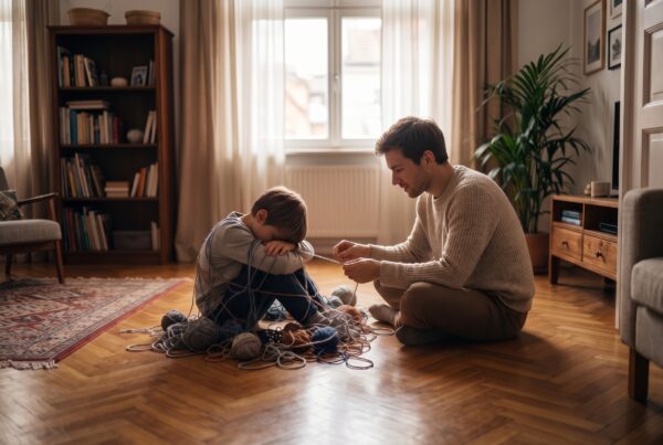 Padre seduto sul pavimento accanto al figlio che si copre il viso – Per me non c’è più nulla da fare