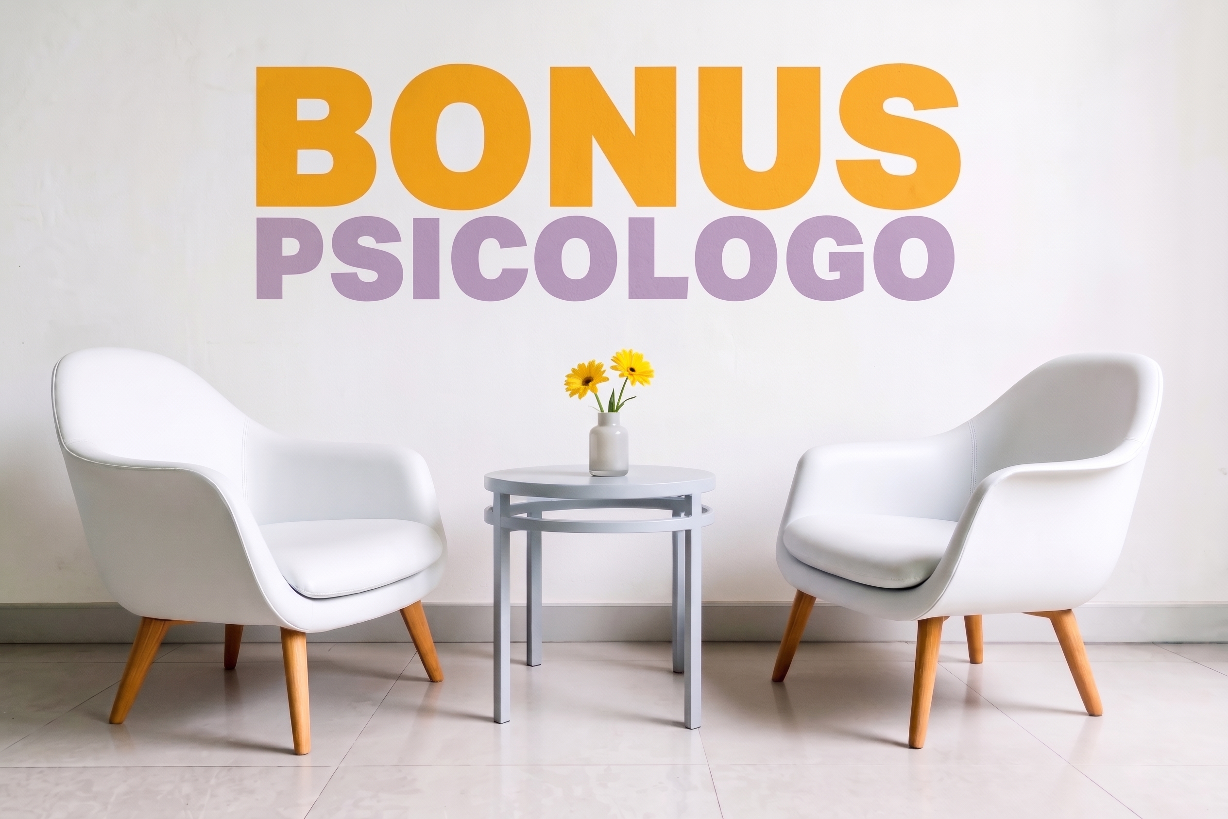 Poltrone bianche in uno studio con la scritta Bonus Psicologo – Bonus Psicologo: cos’è e come usarlo per la psicoterapia