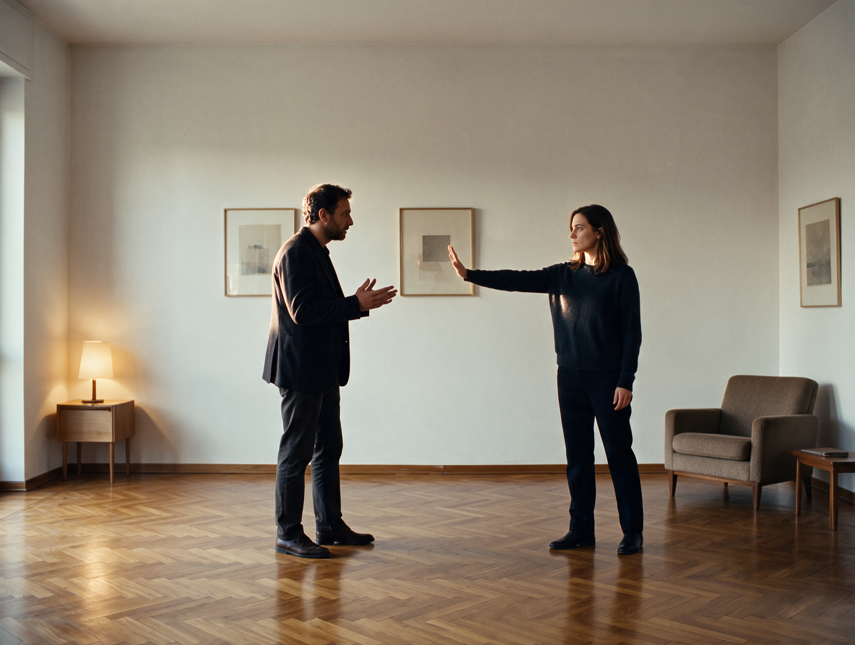 Donna che con la mano tiene a distanza un uomo in una stanza – Qualche volta è difficile non odiare…